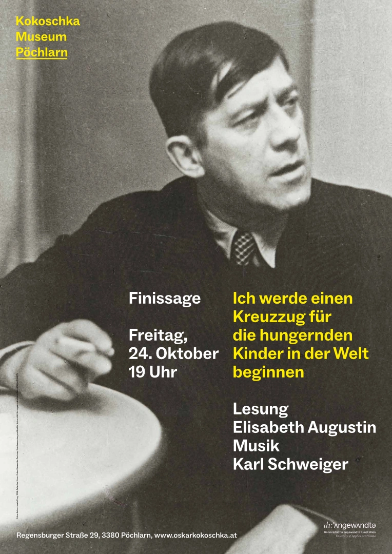 Oskar Kokoschka sitzt rauchend an einem Caféhaustisch und blickt nach rechts. Er trägt einen dunklen Anzug. Das Plakat ist schwarz/weiß und trägt den gelben Titiel 
