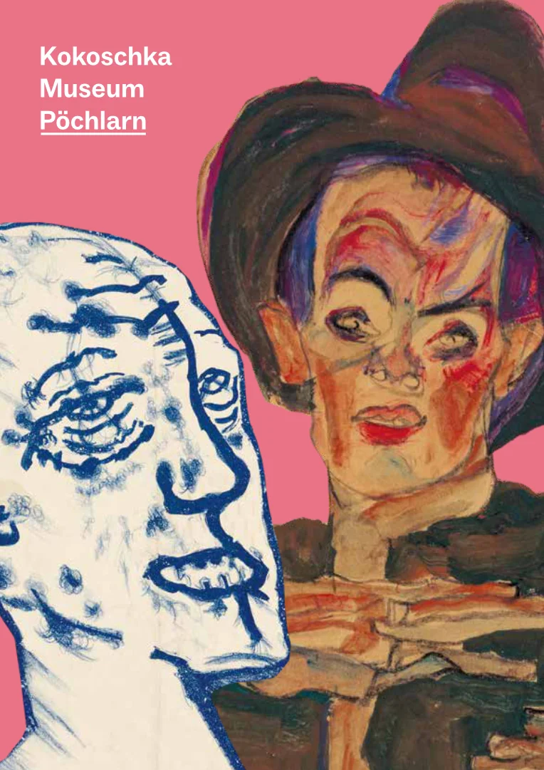 Einladungskarte für das Gespräch zeigt die Selbstporträts von Oskar Kokoschka und Egon Schiele vor rosa Hintergrund