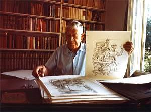 Oskar Kokoschka signiert Blätter aus dem Lithografie-Zyklus Odyssee, Villeneuve, um 1964, Foto: Erich Lessing