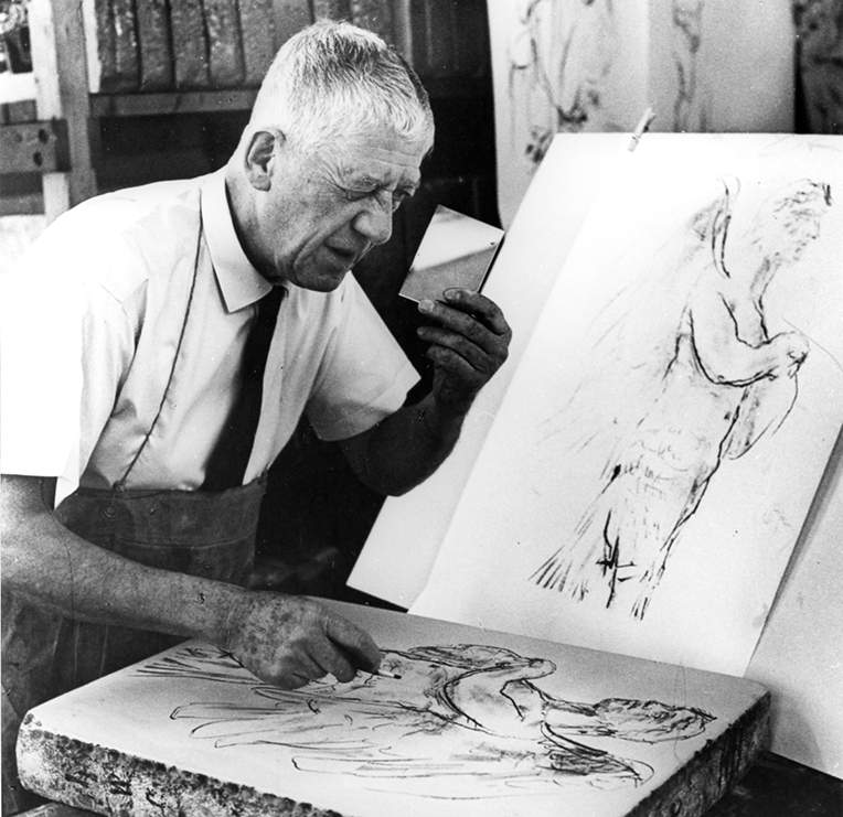 Oskar Kokoschka, Bei der Arbeit am Lithografie-Zyklus „Bekenntnis zu Hellas“, Hamburg 1962, Foto: Horst Tappe