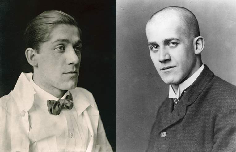 Links: Oskar Kokoschka als Student der Wiener Kunstgewerbeschule, 1906. Rechts: Oskar Kokoschka kahlrasiert, 1909, Foto: Atelier W. Weis